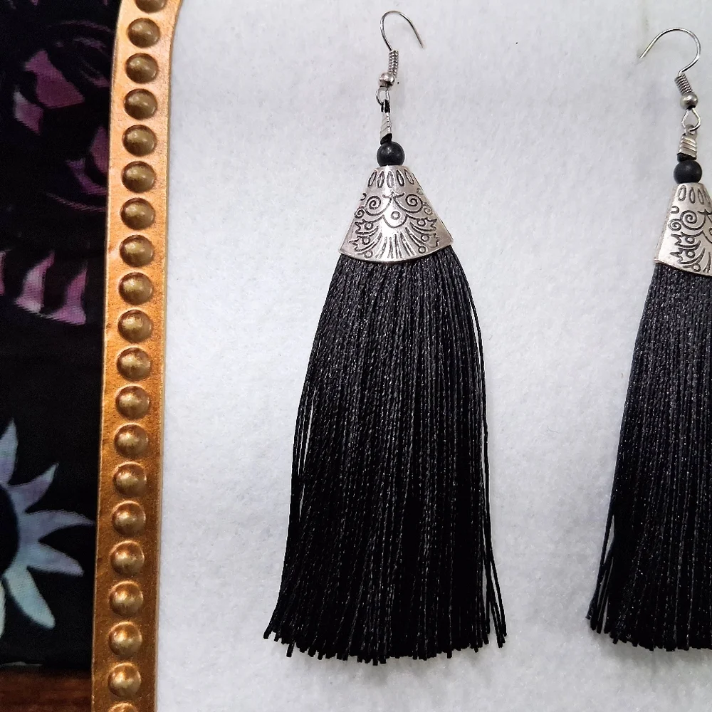 Black Tassel Earrings Silver Hardware French Hook Fish Hook Silky